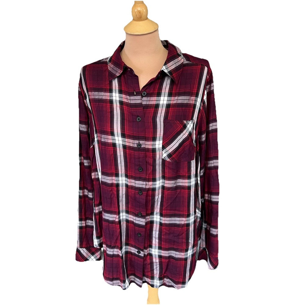 Torrid Lizzie Rayon Twill Burgundy Paid‎ Button-Up Shirt Size 1X Country Western